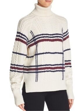 Joie Cream Cable-Knit Turtleneck Sweater with Navy and Burgundy Stripes